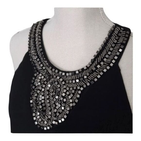 Black Beaded Shift Mini Dress Size S Sleeveless Night Out Lined Button Back - Picture 5 of 10